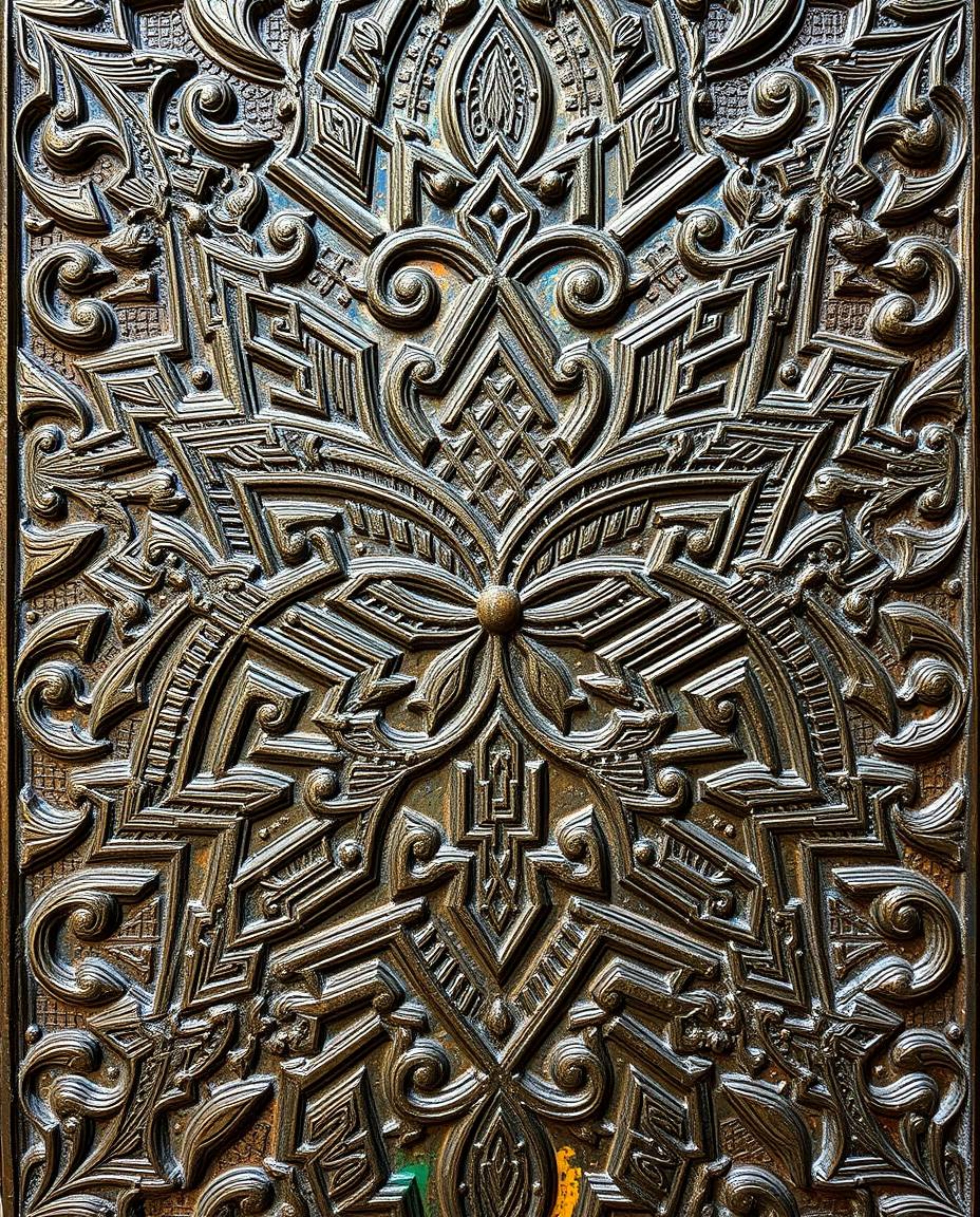 An overhead view captures the beauty of a cast bronze surface adorned with intricately carved Islamic geometric patterns. The