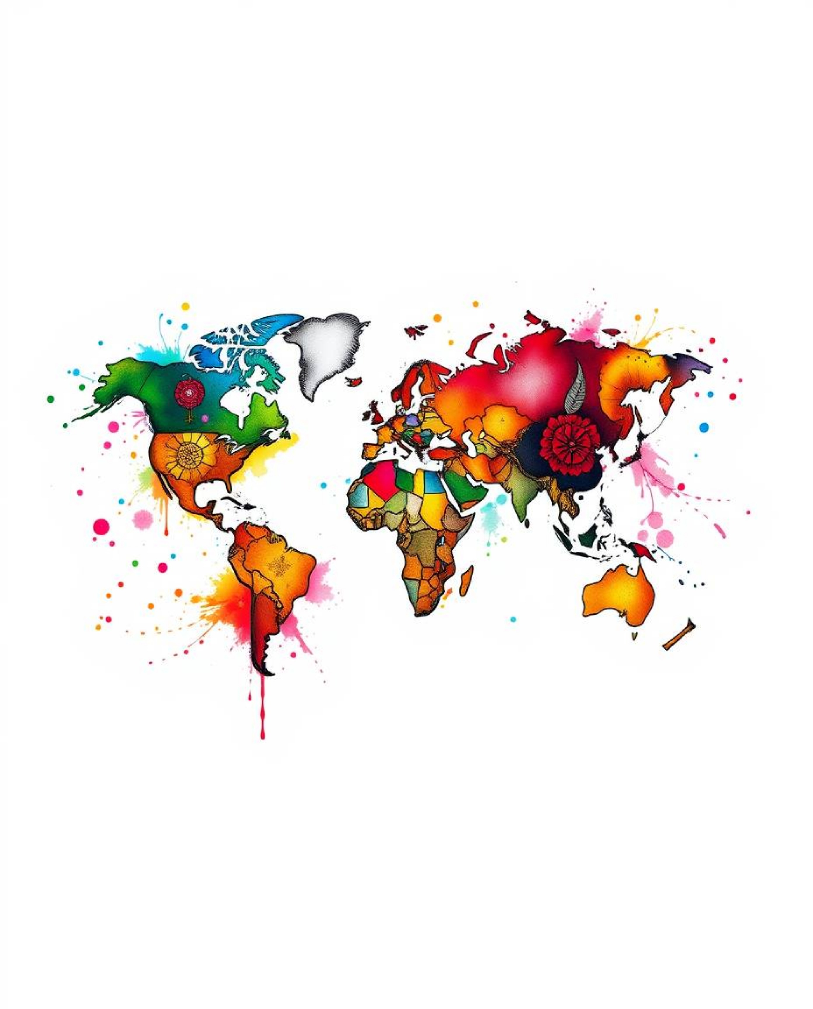 Explore the world in a new way with this symbolic traditional tattoo art print.  Featuring a vibrant and colorful world map f