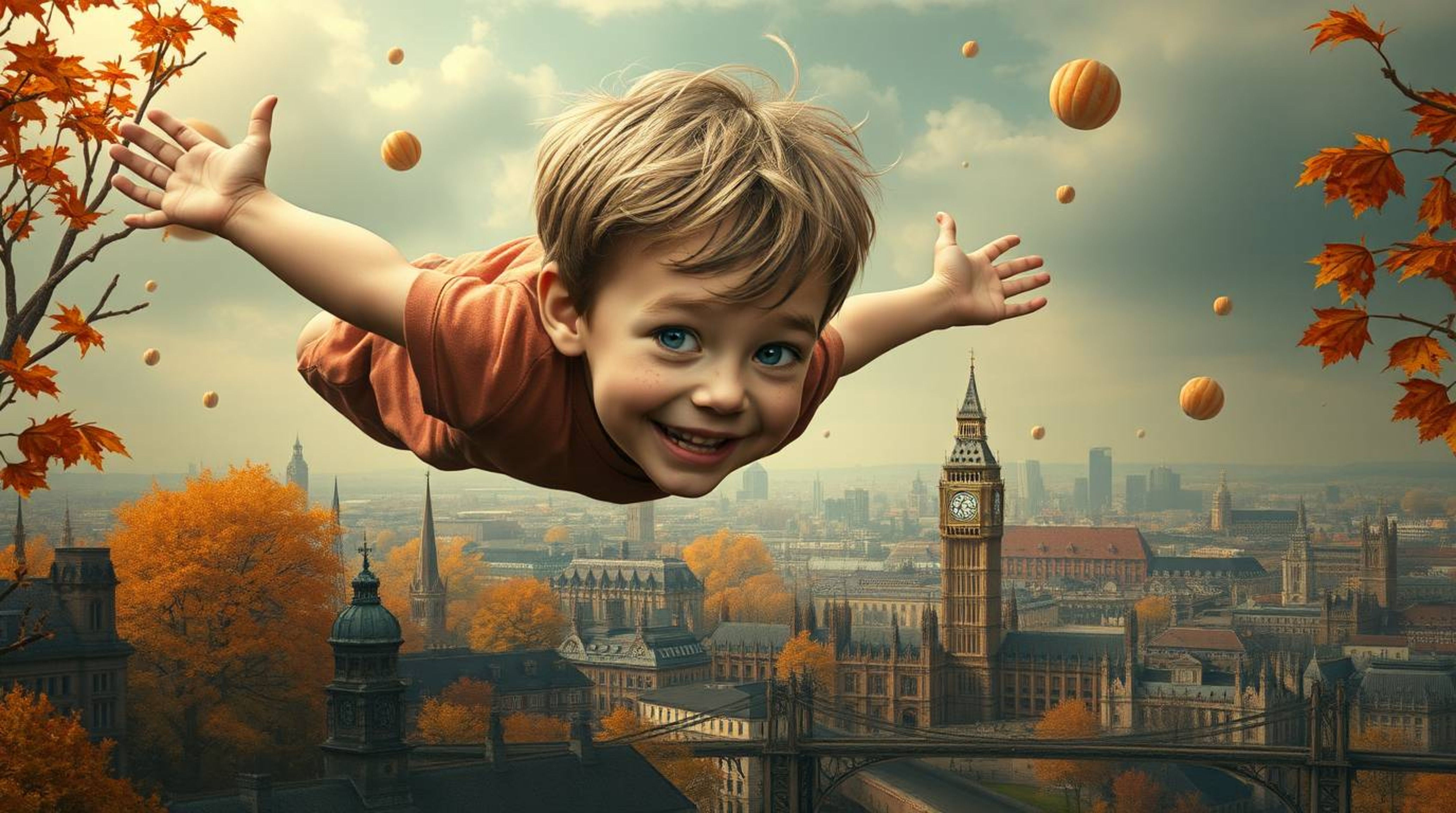 A surreal artwork depicting a young boy with freckled skin and a mischievous grin soaring above a fantastical London bathed i