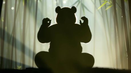 A silhouetted martial artist panda is depicted in deep meditation within a serene bamboo forest. Backlighting creates a dream