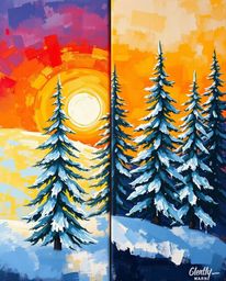 A distinct split bold acrylic painting depicts the enchanting scene of sunset light sparkling on snowy pine trees. This artwo