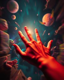 A captivating surreal artwork depicts a hand dynamically reaching towards a light source, emerging from darkness.  The piece 