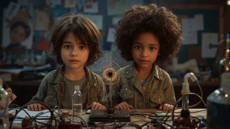 A cinematic photograph captures a dynamic science fair duo—a curious boy with messy brown hair and a brilliant girl with Afro
