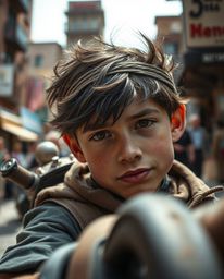 Capture the spontaneous essence of a brave Disney-style hero venturing through a desert adventure set within an urban landsca