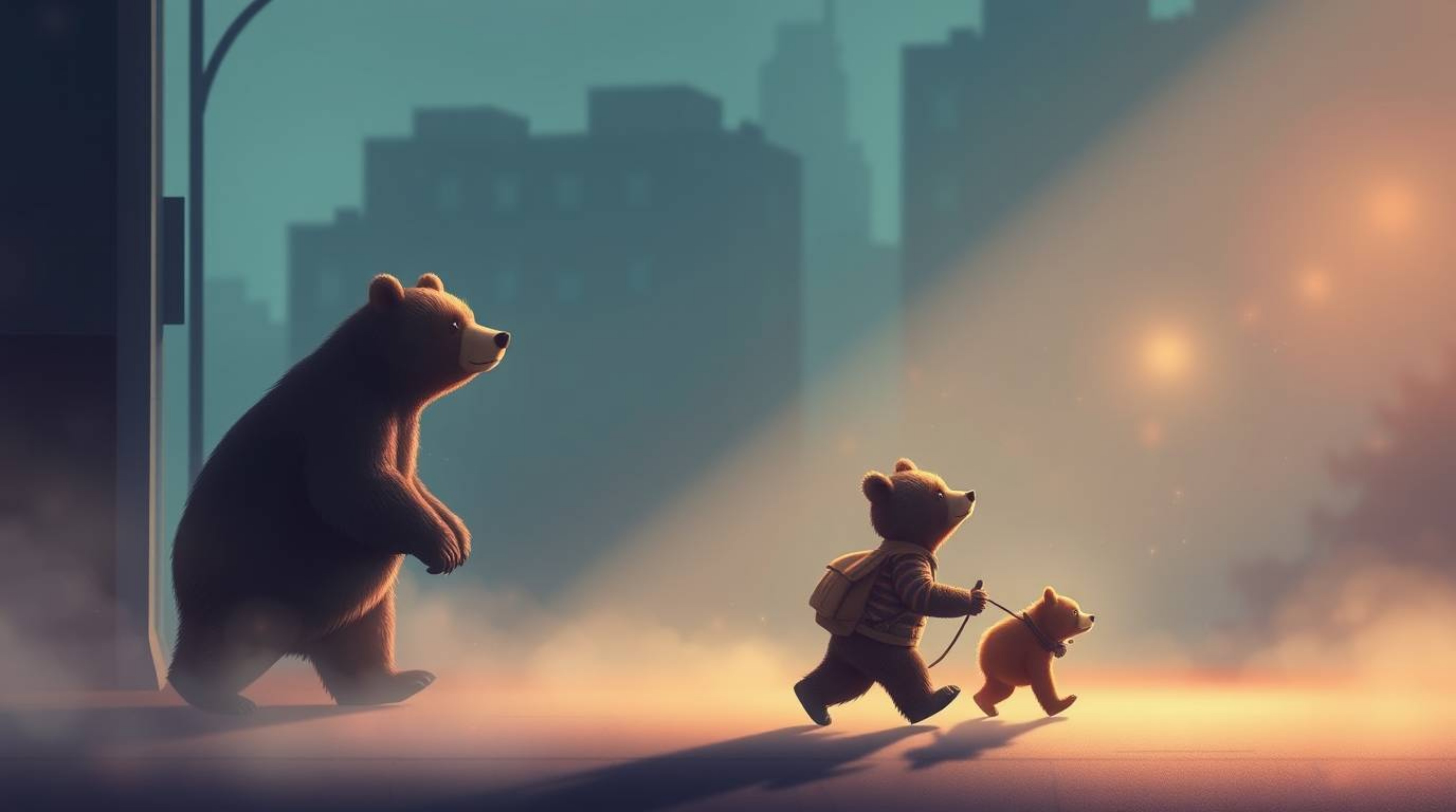 Embark on a captivating journey with a bear family as they navigate the urban landscape in this ethereal and spiritual artwor