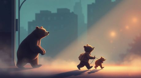 Embark on a captivating journey with a bear family as they navigate the urban landscape in this ethereal and spiritual artwor