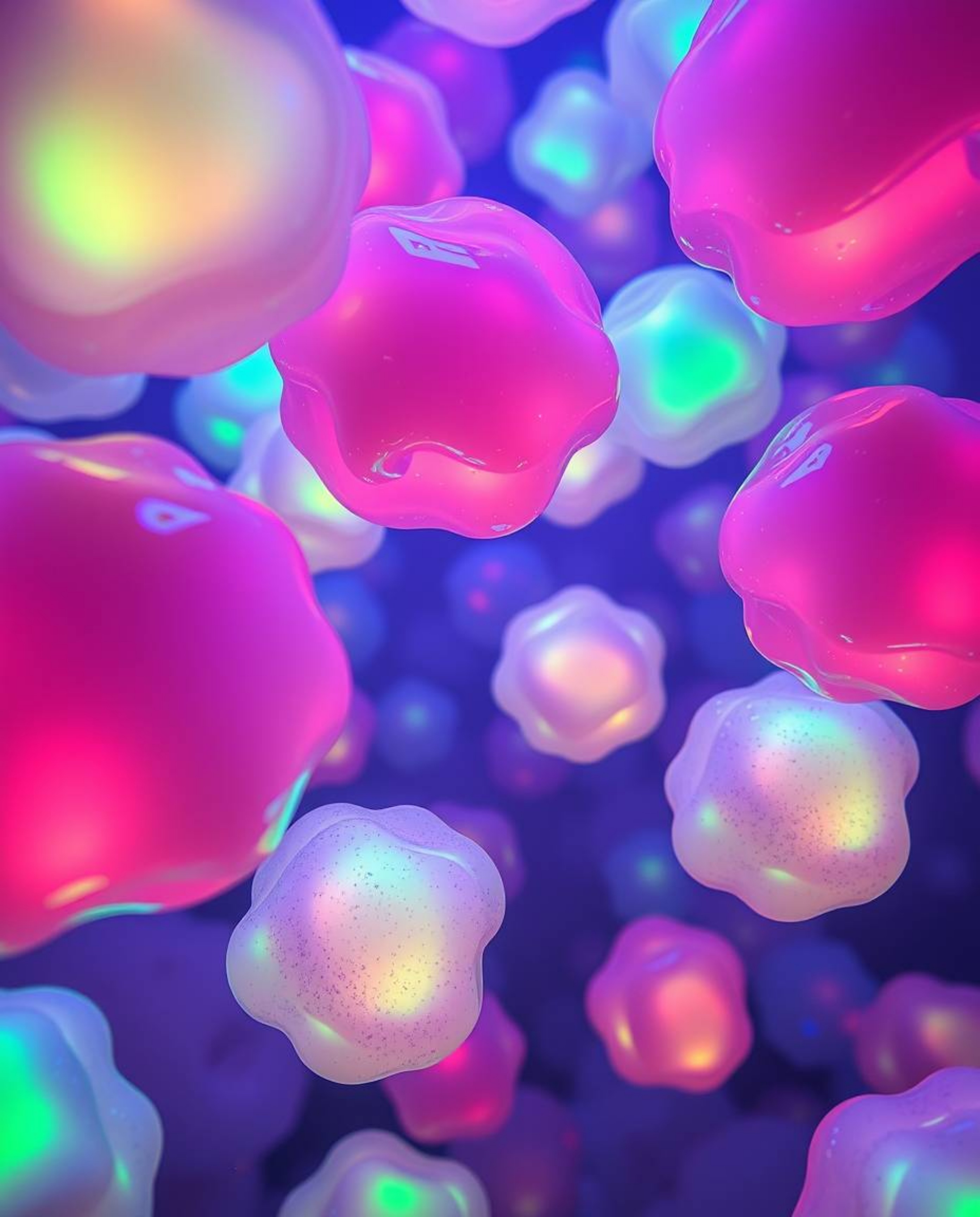 Explore dreamlike surreal imagery featuring floating 3D blobs of vibrant, fluid jelly. These bizarre scenes showcase syntheti