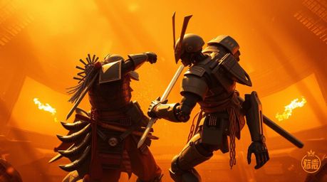 Witness a breathtaking scene from above: a samurai warrior clashes with a formidable robot in a dystopian world bathed in a w