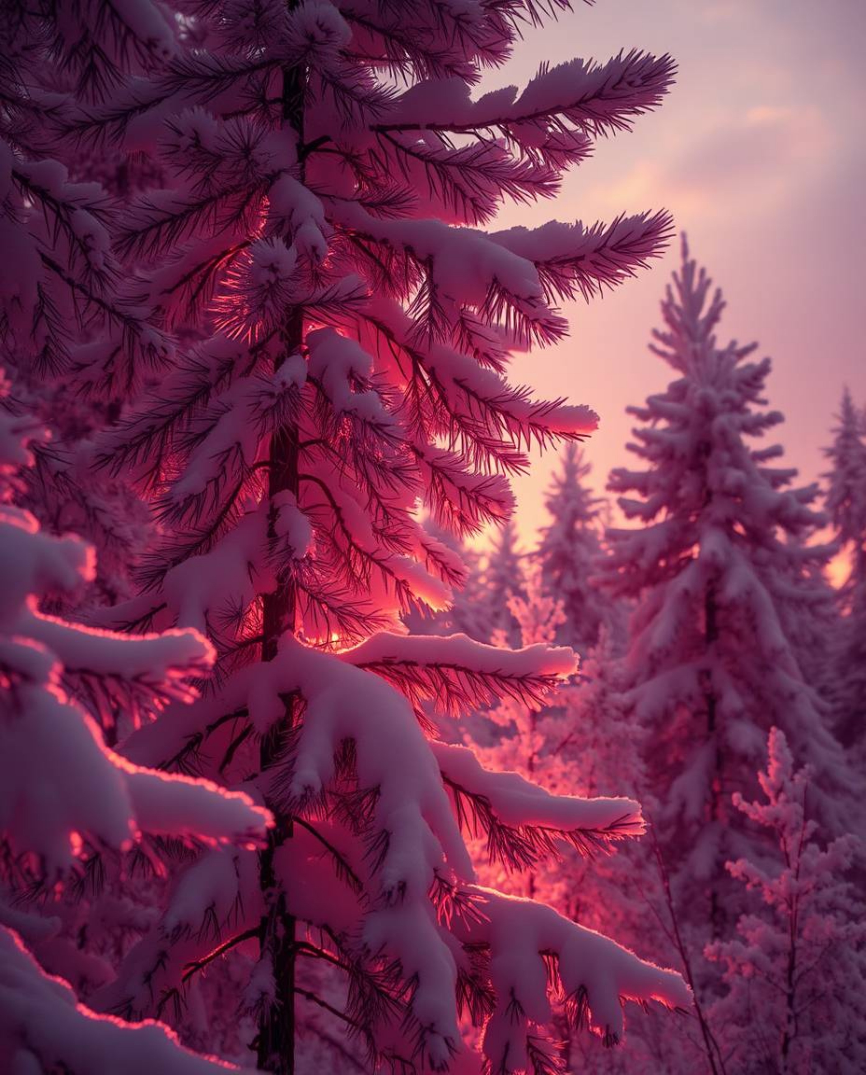 A surreal image in ethereal, spiritual infrared tones, depicting sunset light sparkling on snowy pine trees. The image should