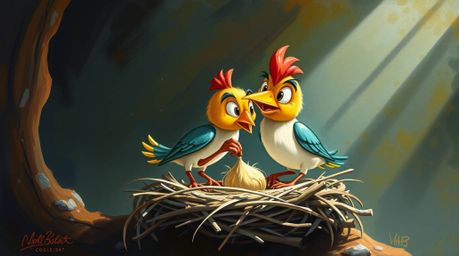 A classic oil painting depicting two cartoon birds diligently building a nest, rendered in a style reminiscent of classic ani
