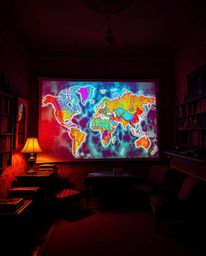 A mesmerizing scene unfolds in an old study, where a glowing map projection hangs suspended in the air.  Illuminated by drama