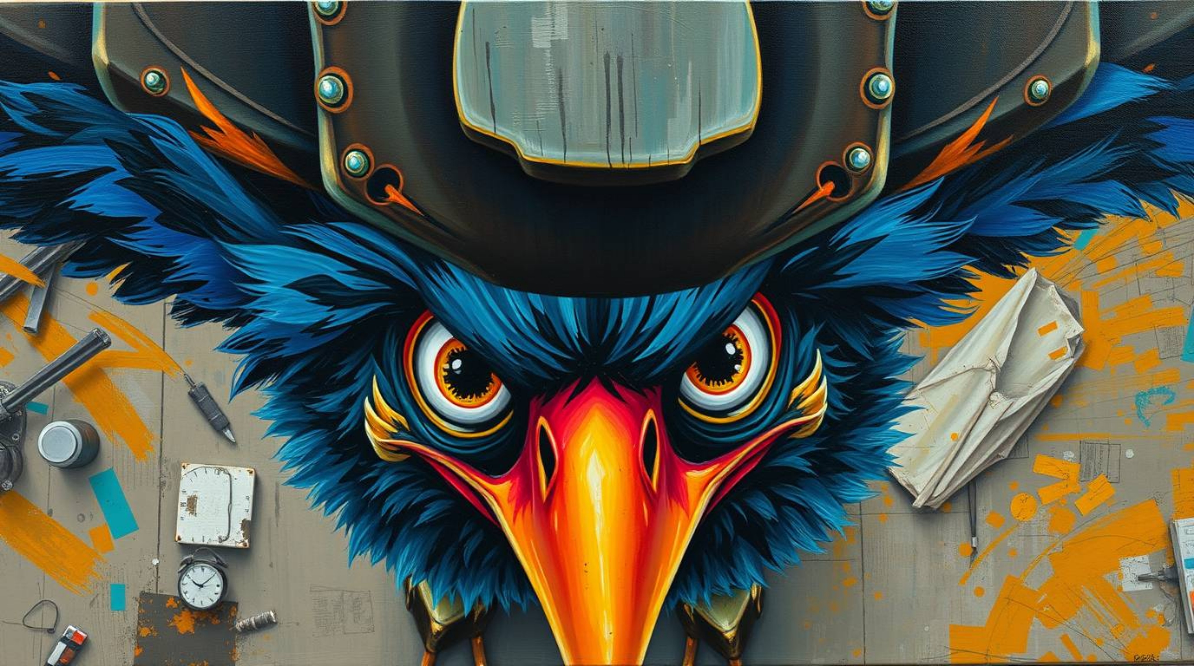 This vibrant acrylic painting captures a dramatic overhead, bird's-eye view of an anvil about to drop on a wide-eyed trickste