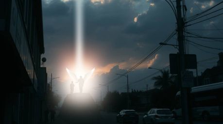 This captivating street photography image captures a moment of ethereal beauty, showcasing steps of light ascending into a cl