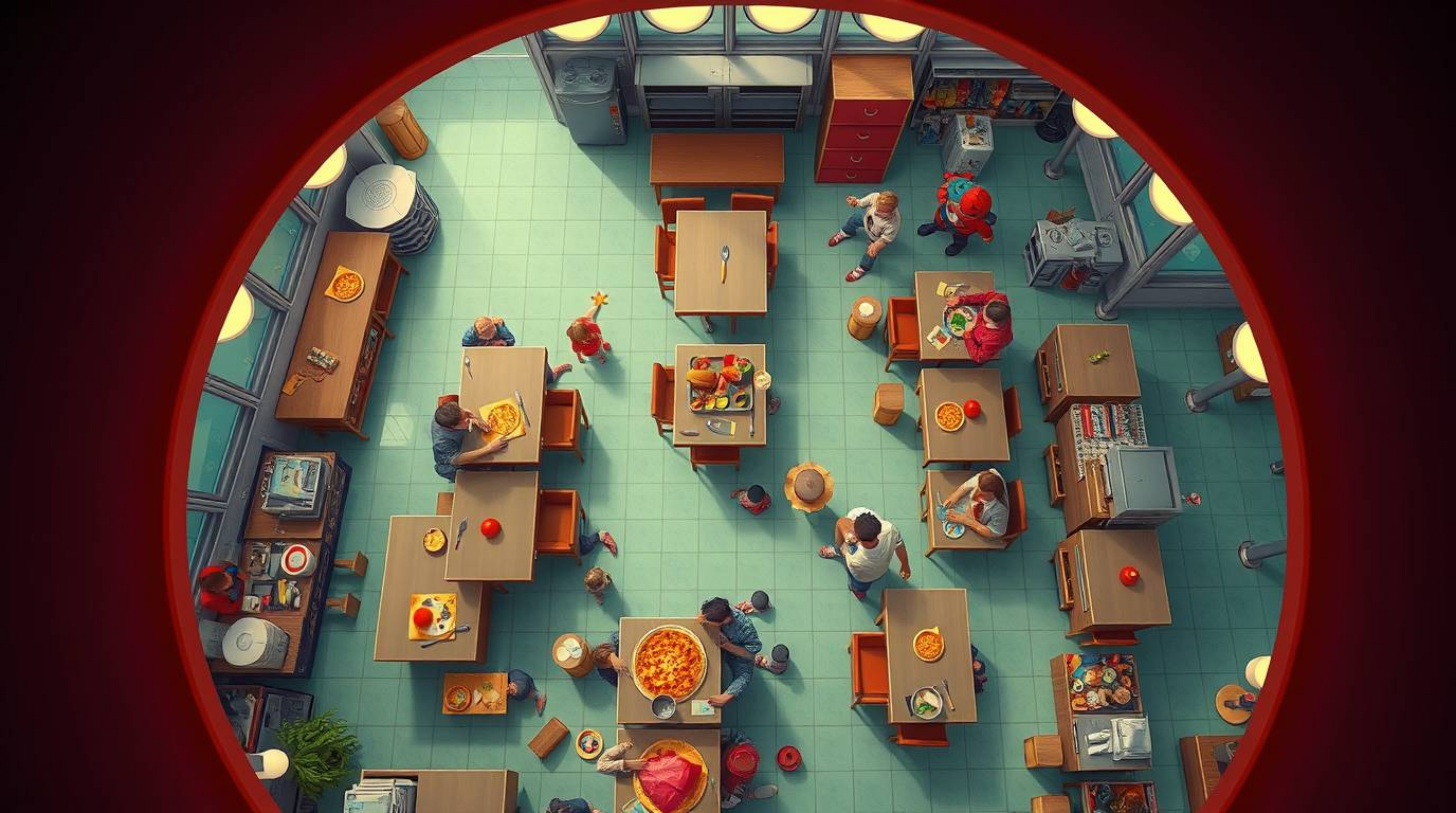 Witness the chaotic fun of a cartoon cafeteria food fight from a unique overhead bird's-eye view. This architectural color ph