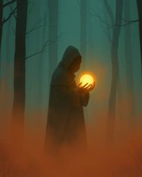 Explore a captivating digital painting depicting a cloaked figure shrouded in thick fog, holding a radiant orb within a misty