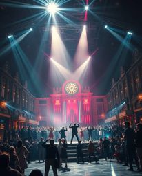 Experience a grand, epic musical number set in a bright, futuristic town square. The scene is bathed in intense dramatic lig
