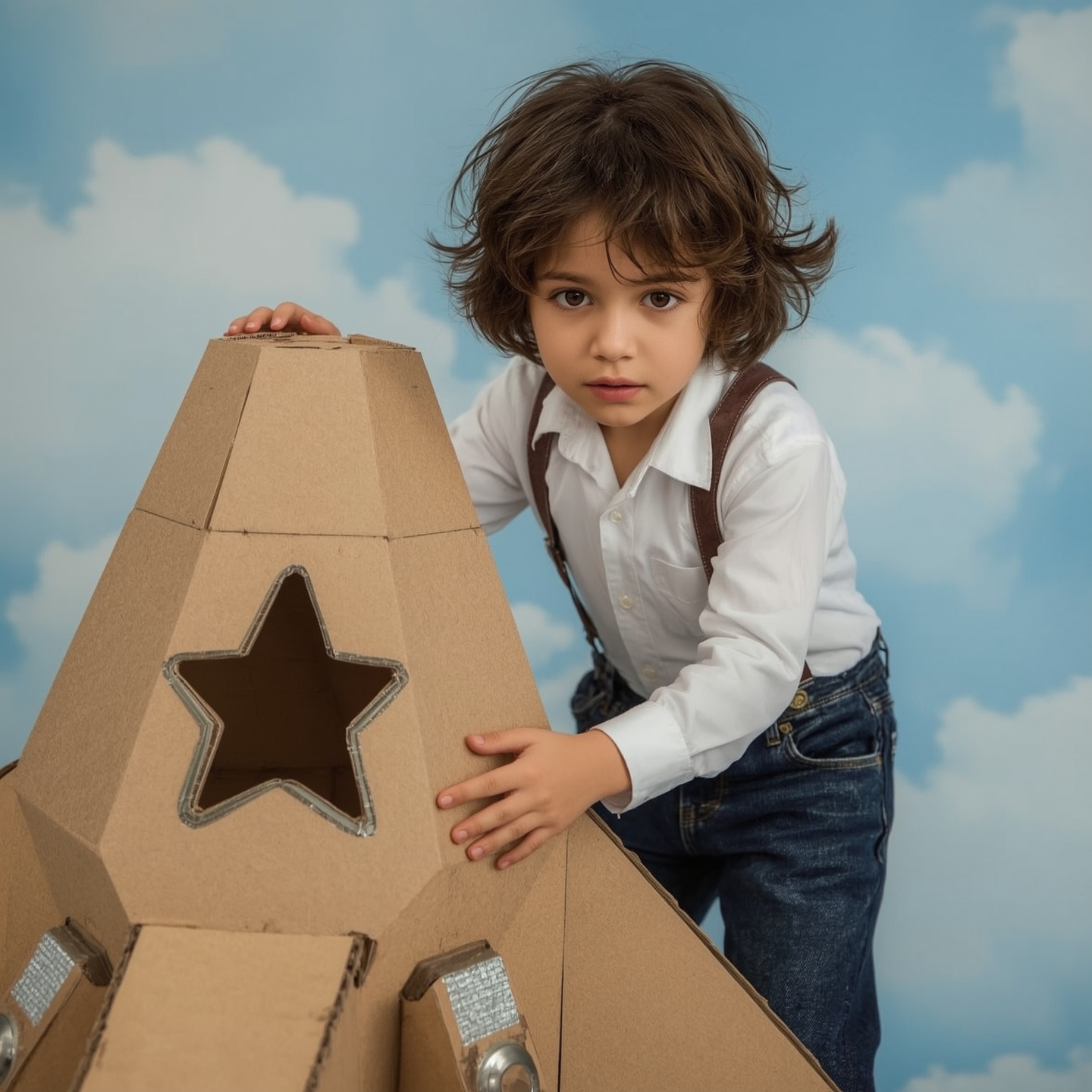 Exquisite high-fashion photography captures a young boy with bright, curious eyes building an intricately designed cardboard 