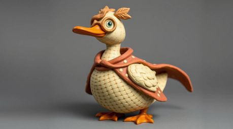 This sculptural clay artwork presents a duck in a zany superhero costume, rendered in warm autumnal colors for an earthy and 