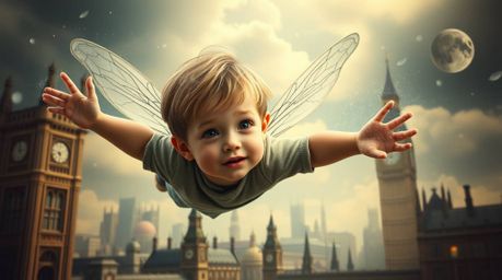 Witness a young boy with adorable features taking flight above London, propelled by magical pixie dust. This dreamlike and su