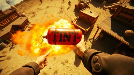 Experience the wild west like never before with a classic exploding TNT gag brought to life from a vibrant, overhead bird's-e