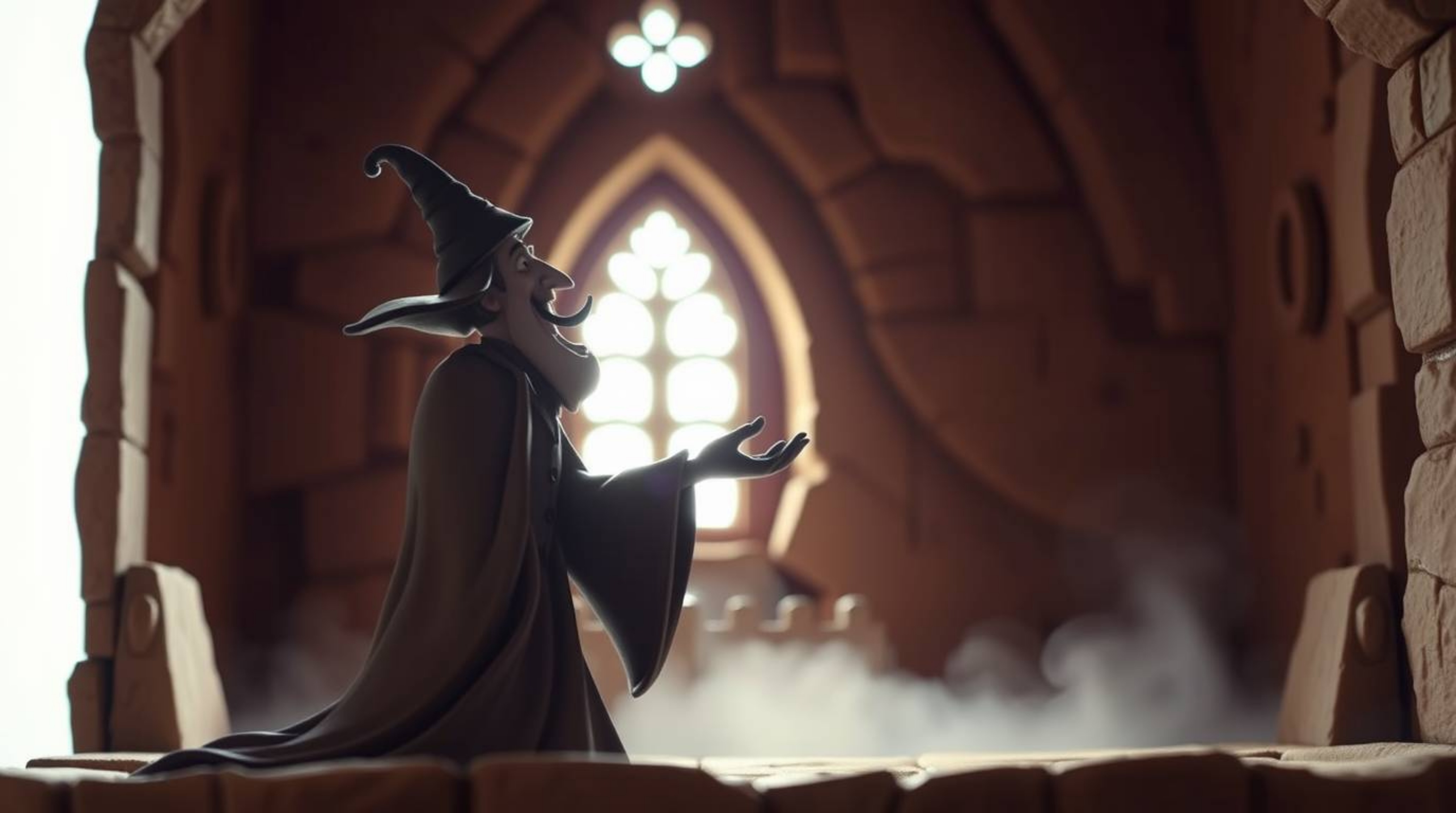 A captivating clay sculpture depicts a classic Disney villain casting a spell within an ancient castle.  The piece is dramati