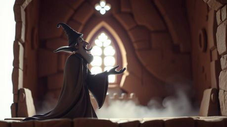 A captivating clay sculpture depicts a classic Disney villain casting a spell within an ancient castle.  The piece is dramati