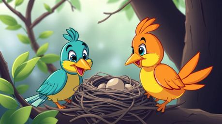 High-resolution stock photo showcasing two cartoon birds in a classic animation style diligently building a nest. The image f