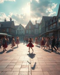 A captivating musical number unfolds in a vibrant town square, dramatically divided into contrasting areas. This creates a my