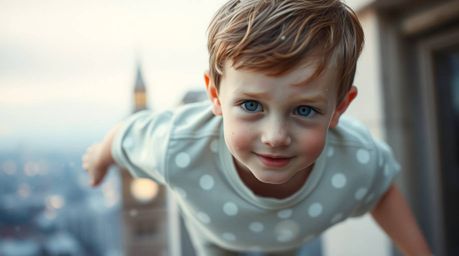 A captivating long-exposure photograph depicts a young, freckled boy seemingly flying above London, sprinkled with magical pi