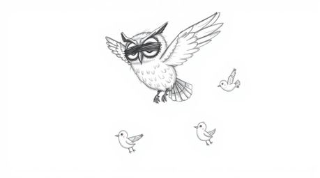 A charming hand-drawn sketch, reminiscent of Pixar animation, depicts a blind owl with subtly textured feathers gently guidin