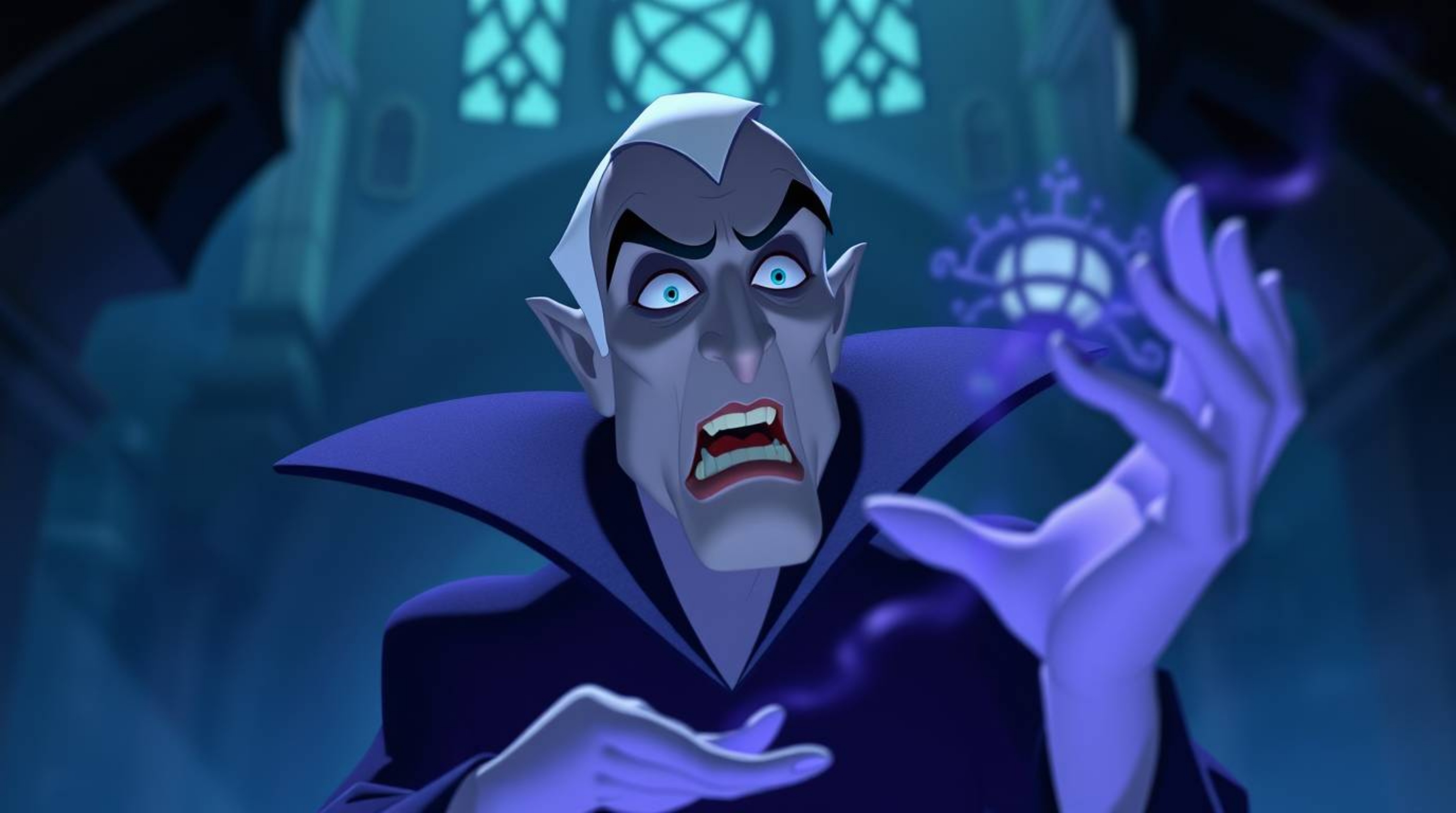 A classic Disney villain with sharp features and pale skin casts a spell within a gothic castle. The scene is rendered in so