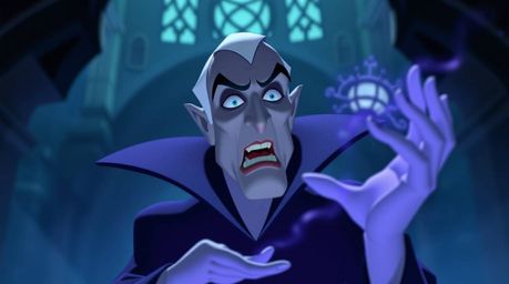 A classic Disney villain with sharp features and pale skin casts a spell within a gothic castle.  The scene is rendered in so