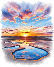 A hand-drawn sketch in a vivid color sketchnote style captures a dramatic, cinematic sunset sky as it reflects in the tidal p