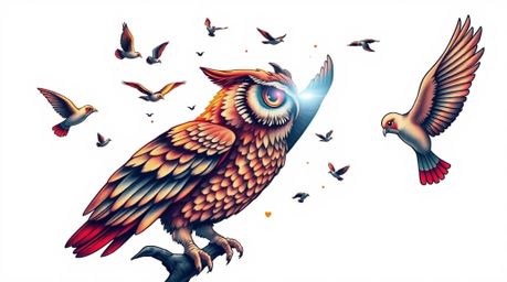 This symbolic and traditional tattoo art print features a volumetrically lit blind owl, rendered in a Pixar style, engaged in