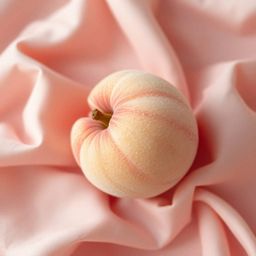 Overhead bird's eye view close-up ASMR image showcases a soft, blushing pink peach resting on silky pastel pink fabric. The i