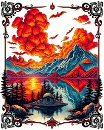 A symbolic traditional tattoo art print, designed in a dramatic cinematic style, depicts the reflections of fiery clouds in a