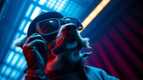 Immerse yourself in a world of mystery and intrigue with a dog detective wielding high-tech gadgets in a stunning low-angle p