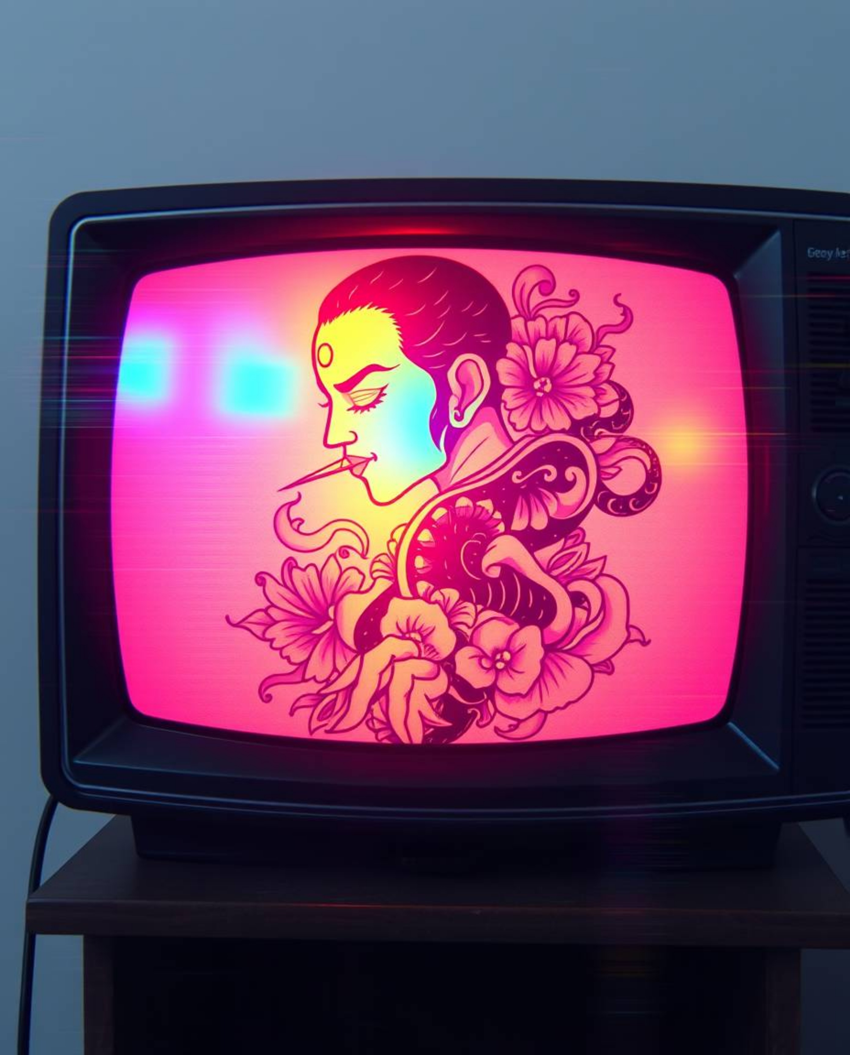 This captivating art print features a traditional tattoo design imbued with modern, iridescent colors and a soft cinematic ha