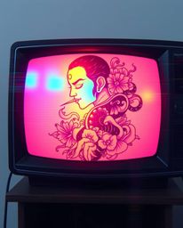 This captivating art print features a traditional tattoo design imbued with modern, iridescent colors and a soft cinematic ha