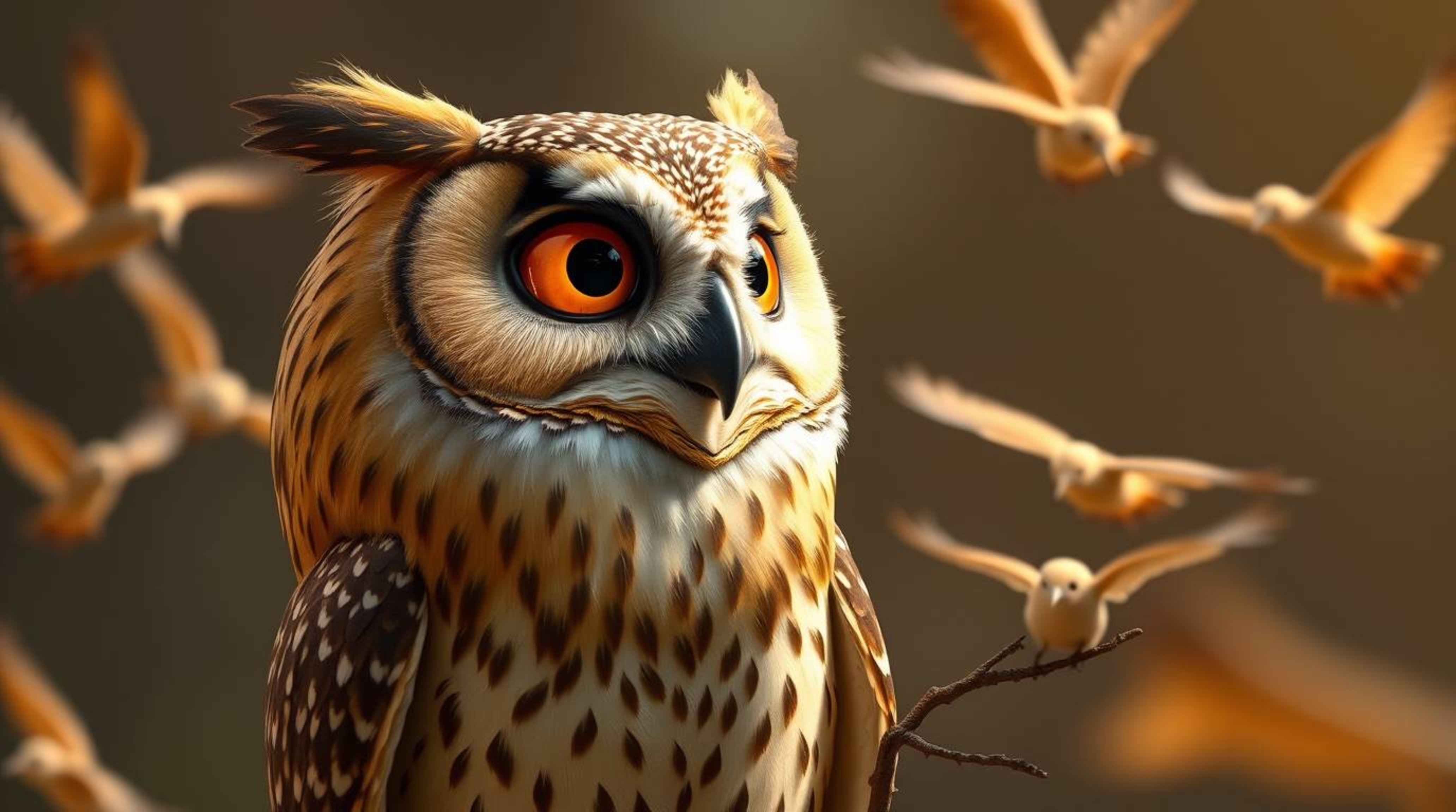 A commercially viable, high-resolution stock photo depicting a blind owl, rendered in Pixar style, tenderly teaching birds ho