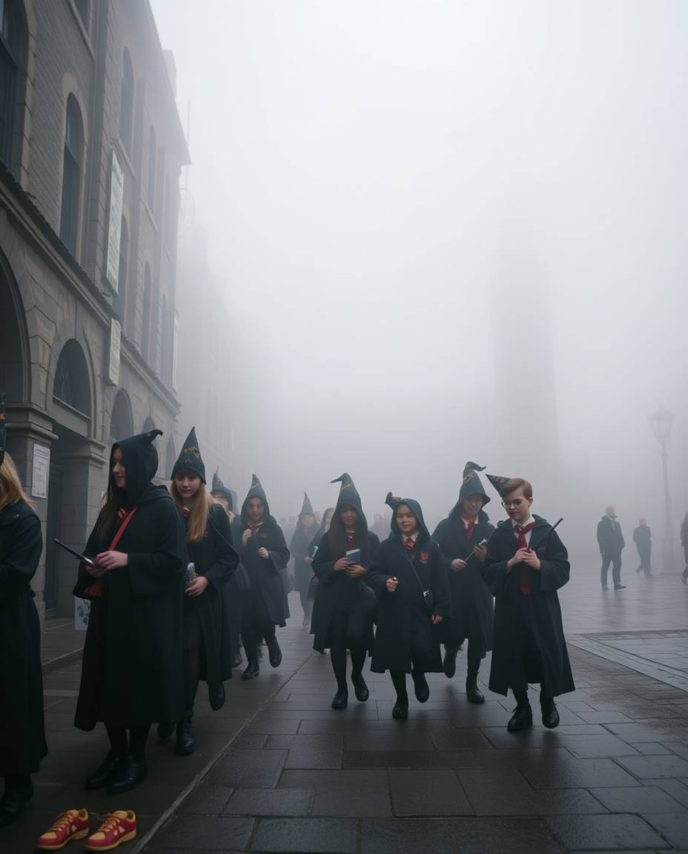 Discover captivating candid street photography showcasing a magical school filled with young wizards.  Immerse yourself in th