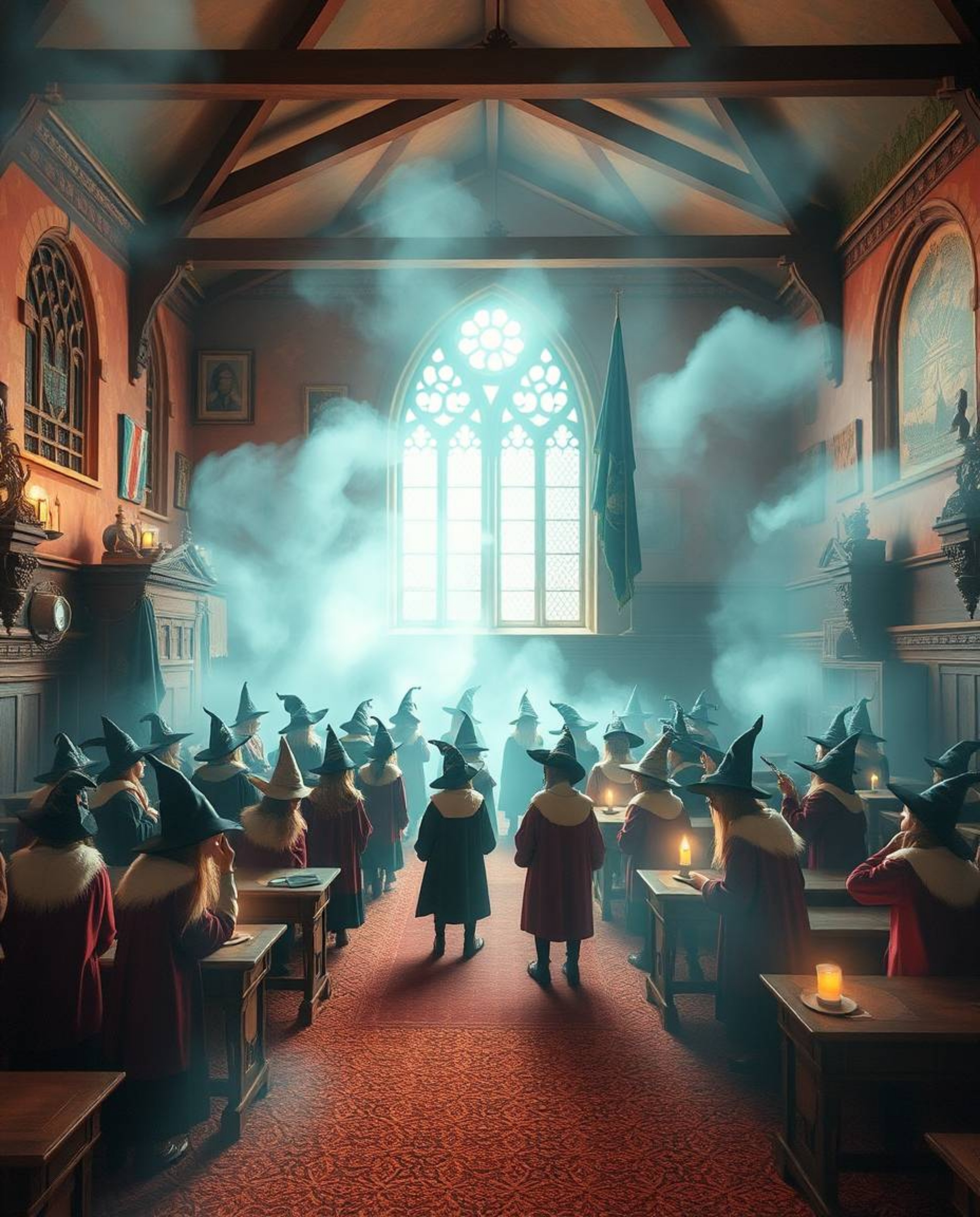 Explore a magical school brimming with young wizards, bathed in a soft, dreamy atmosphere. The school features a captivating