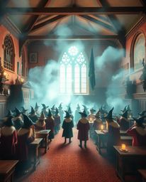 Explore a magical school brimming with young wizards, bathed in a soft, dreamy atmosphere. The school features a captivating