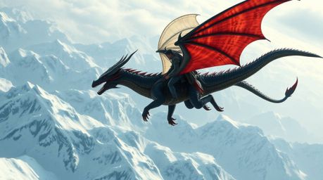 A stunning high-resolution stock photo showcasing a dragon and its rider soaring above majestic, icy mountains. This commerci