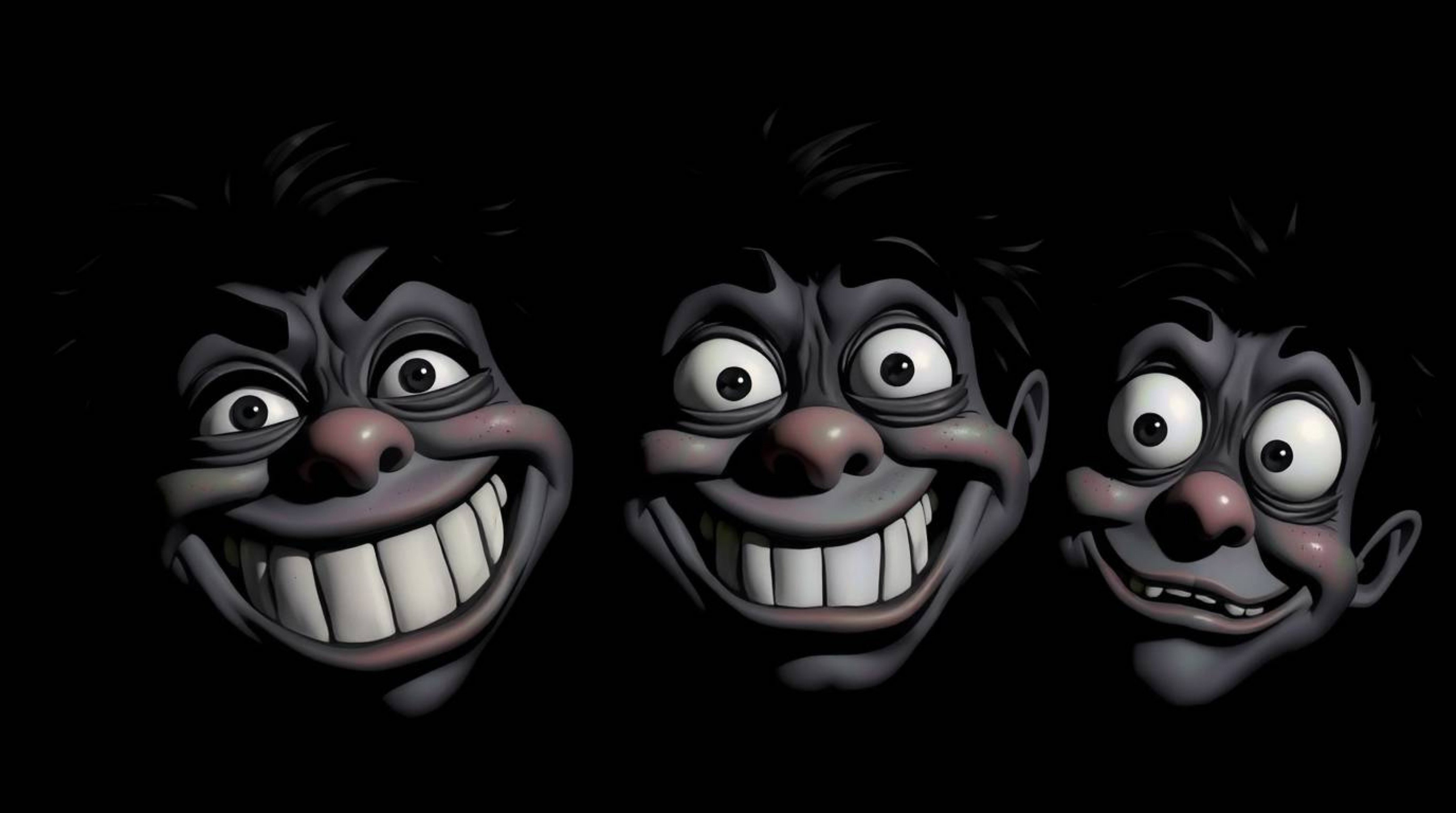 This image presents a scene from a gross-out comedy with highly exaggerated expressions, rendered in pure black with deep sha