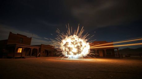 A captivating long exposure photograph captures the classic spectacle of exploding TNT in a wild west setting. The image show