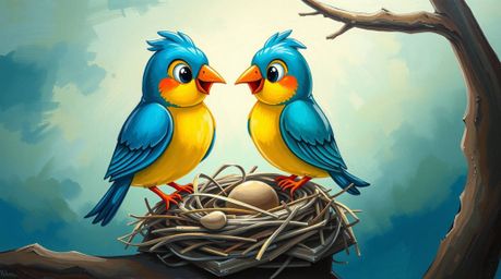 This bold acrylic painting depicts two cartoon birds in a classic animation style, diligently building a nest. The artwork fe