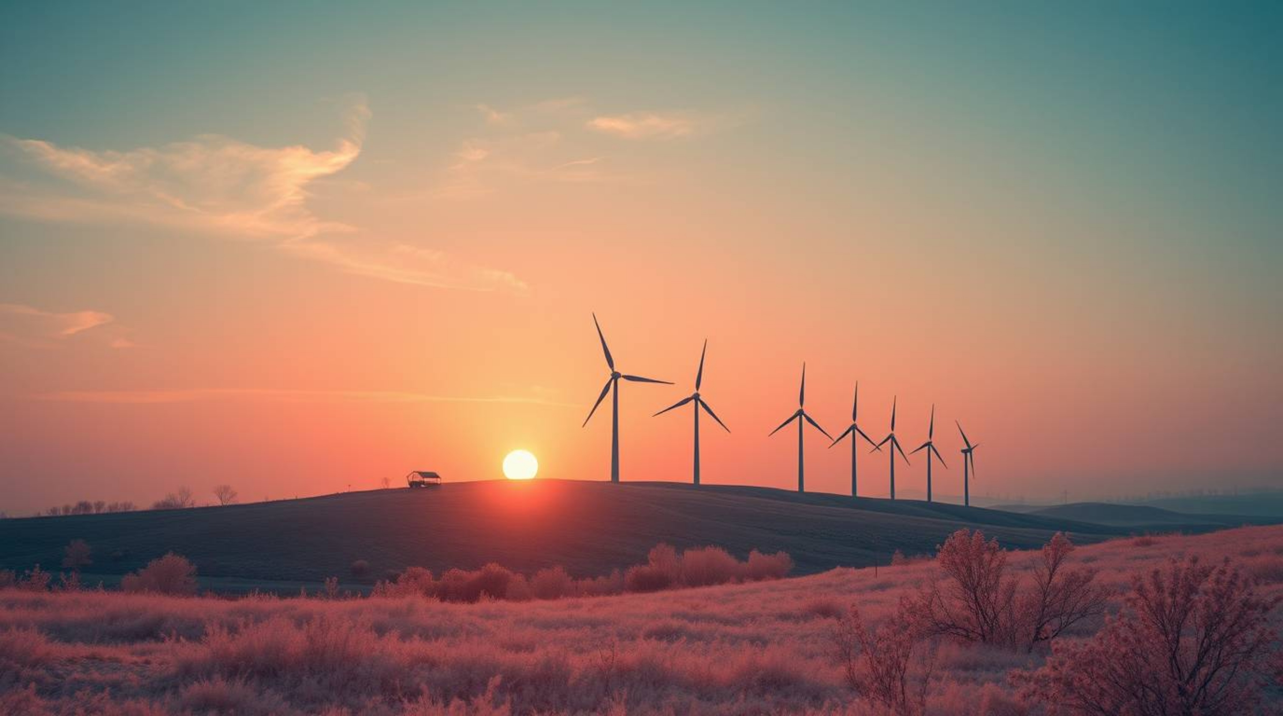 An infrared photograph captures a surreal sunset behind a hilltop row of wind turbines.  The image showcases otherworldly, et