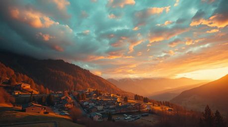 Experience the breathtaking beauty of a cozy village nestled in a vibrant valley, bathed in the warm glow of a dramatic sunse