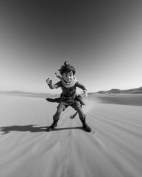 A captivating black and white long exposure photograph depicts a brave, Disney-style hero embarking on a thrilling desert adv